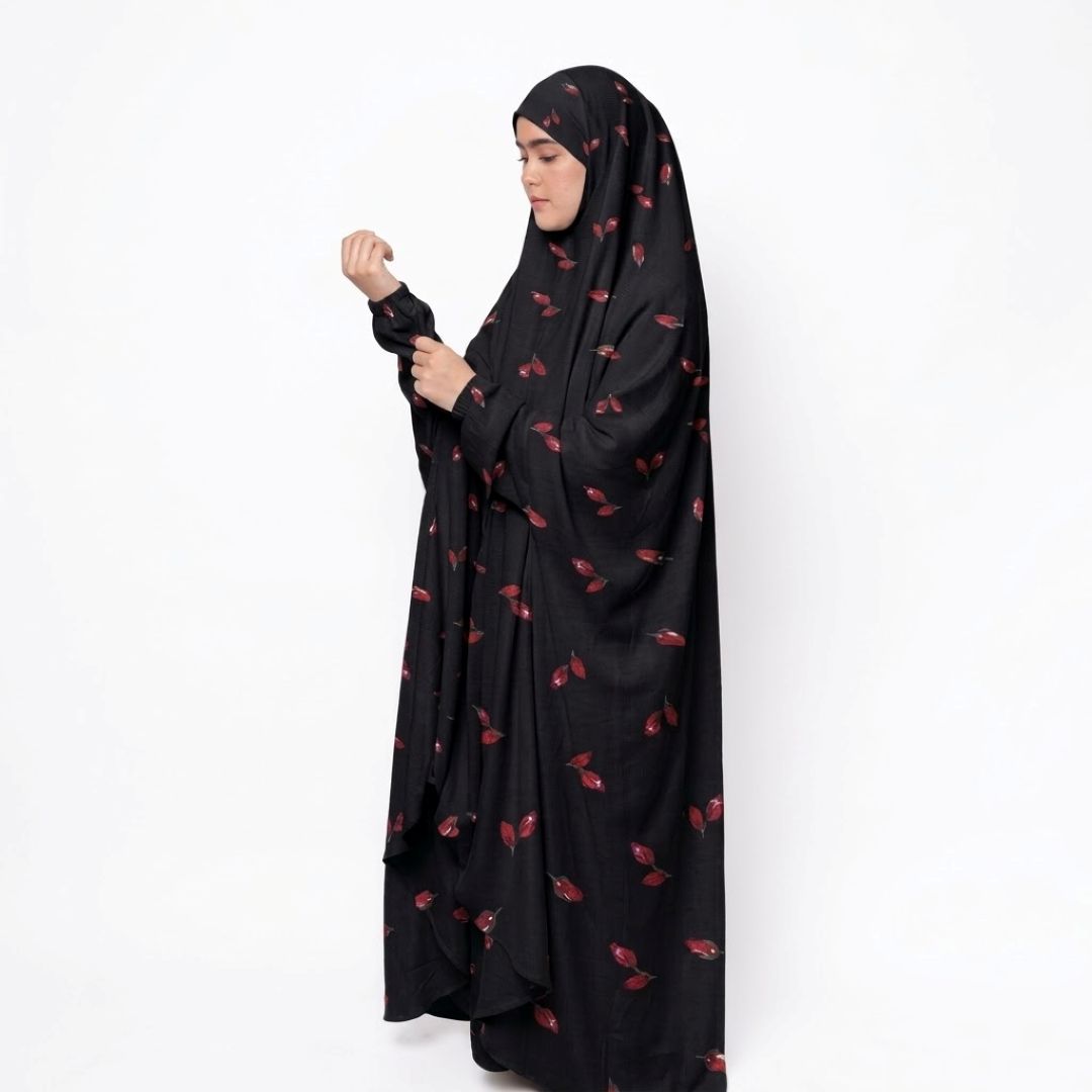 Namaz Chadar with naqab – black with flower