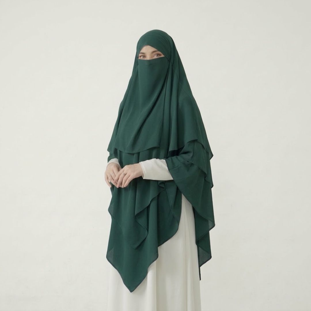 3-Layer Khimar & Niqab Bottle Green