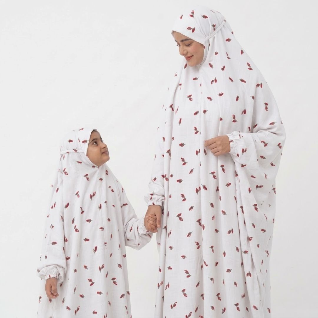 Mother & Daughter Namaz Chadar Set - White Leaf Print
