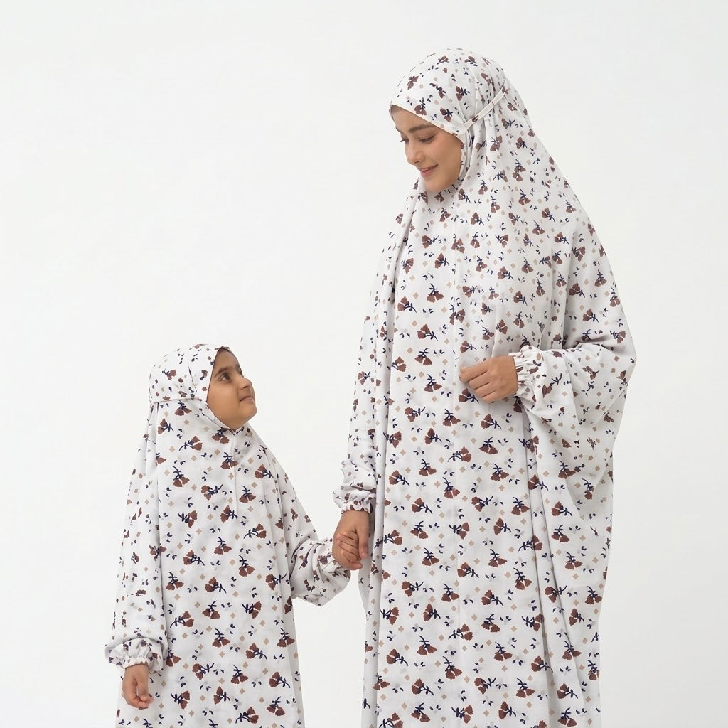 Mother & Daughter Namaz Chadar Set - white flowers