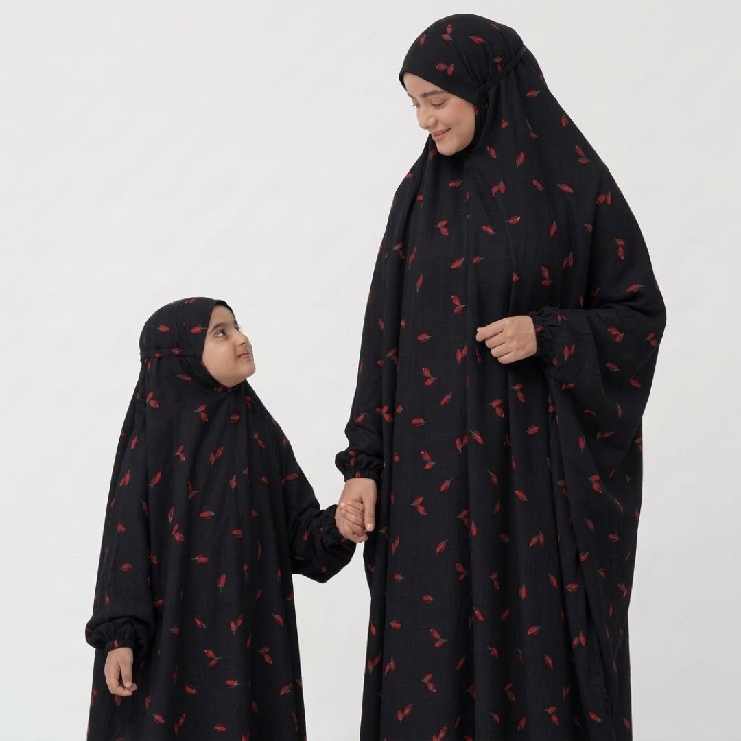 Mother & Daughter Namaz Chadar Set - Black Leaf Print