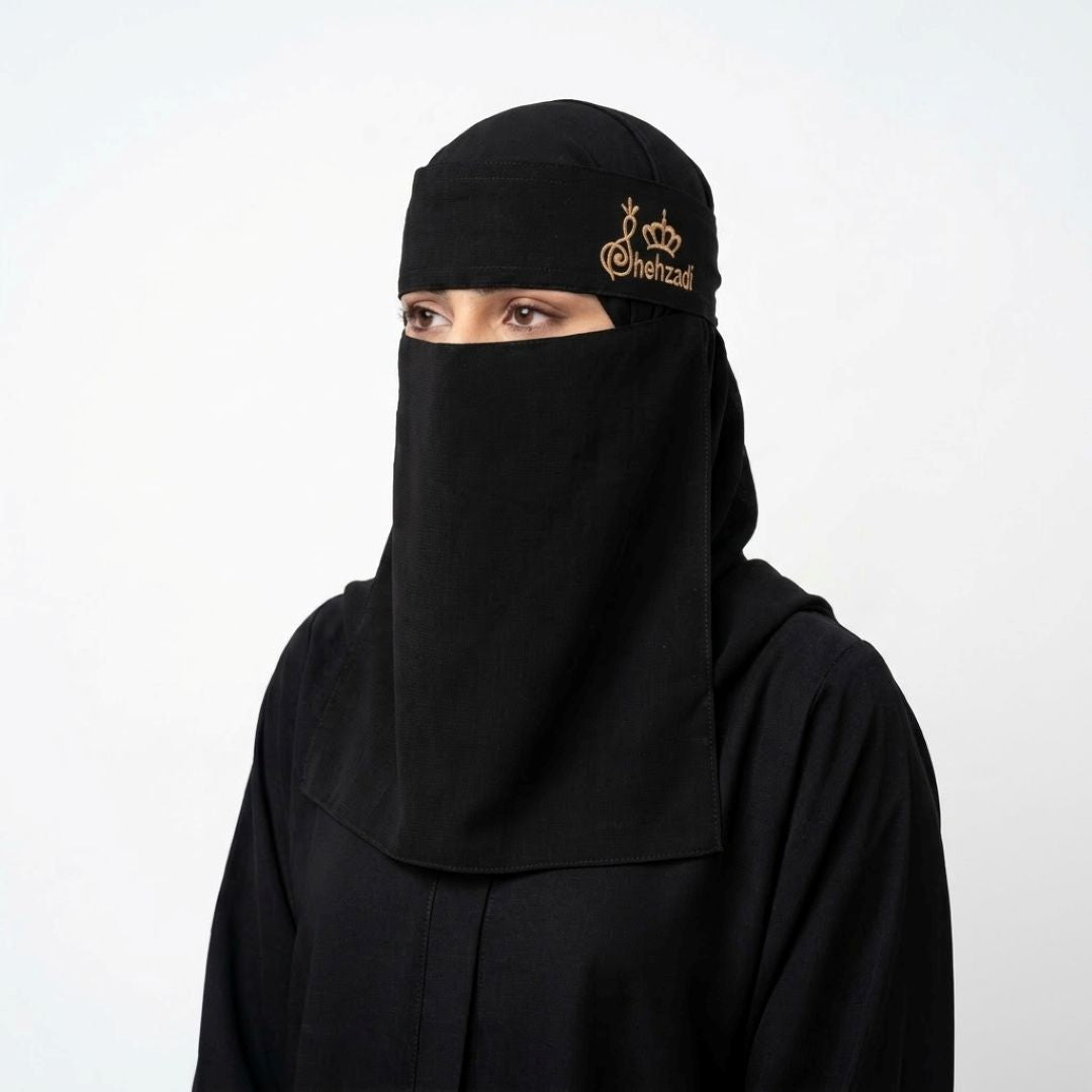 Saudi Naqab Shehzadi – Black with gold Urdu embroidery