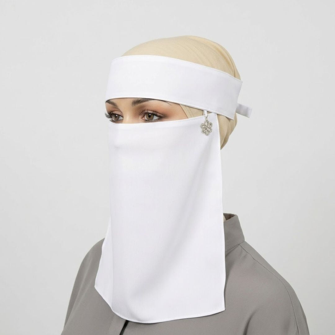 Saudi Naqab – White face veil with silver floral charm